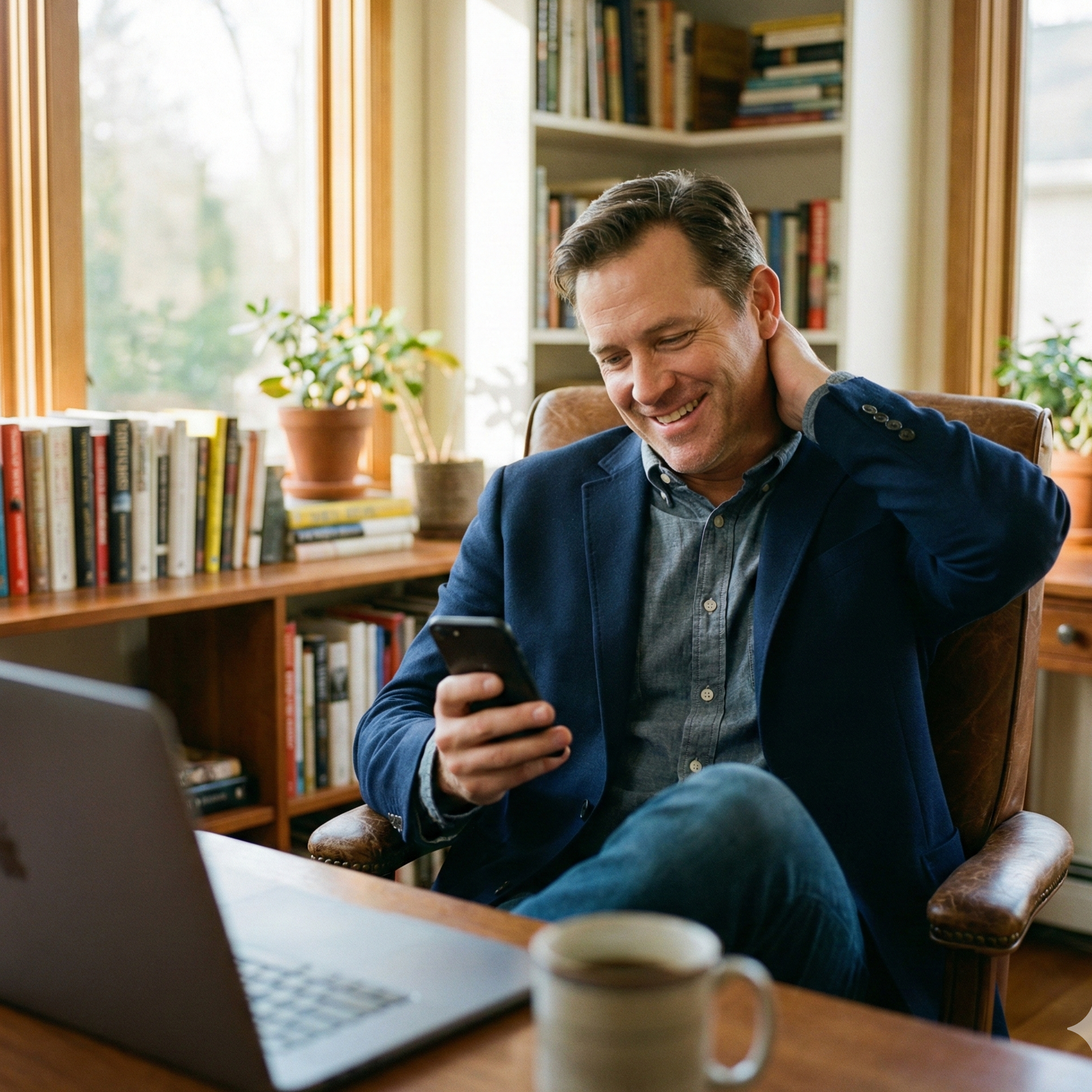 man using ai for shopping while in home office