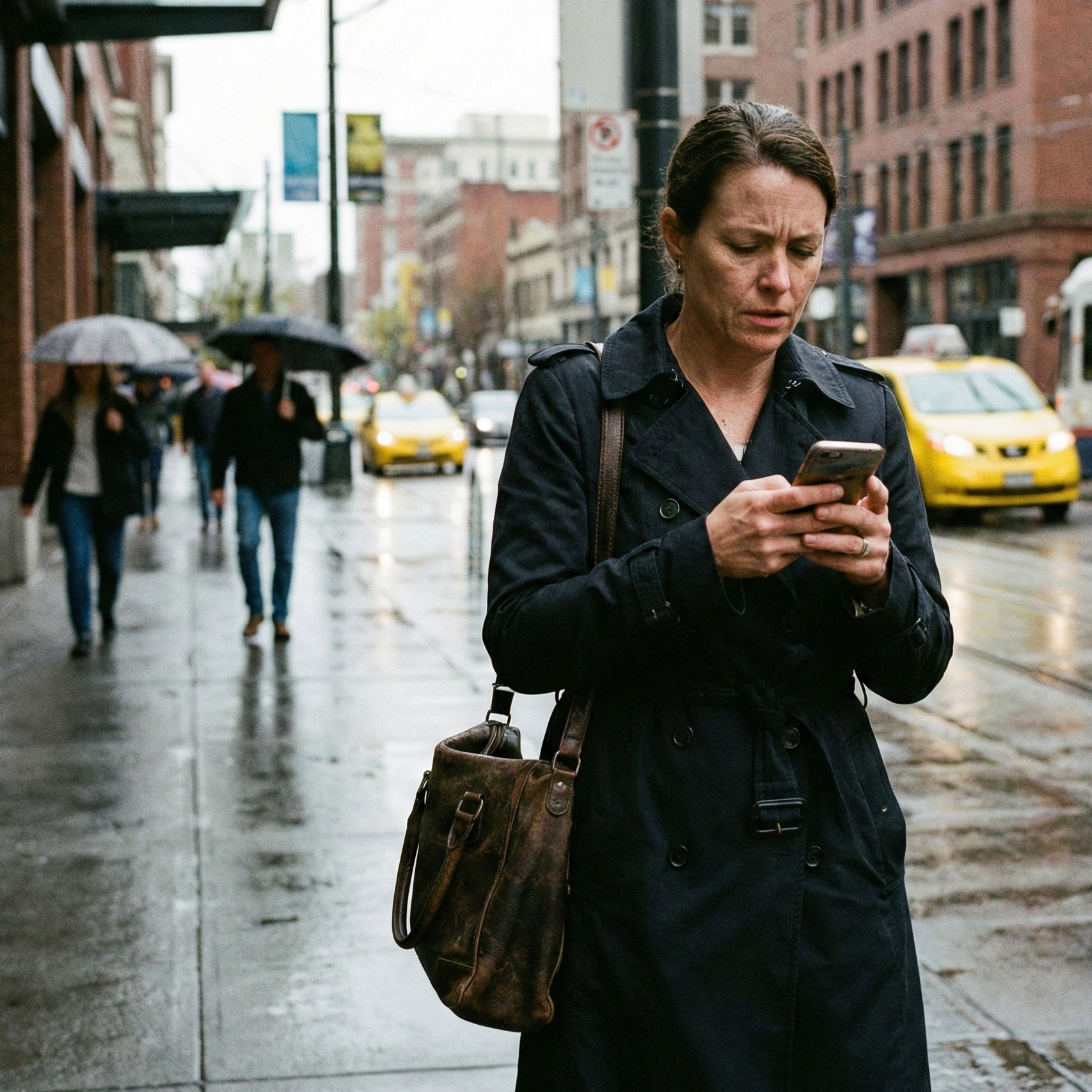 woman using ai on phone while walking down city street