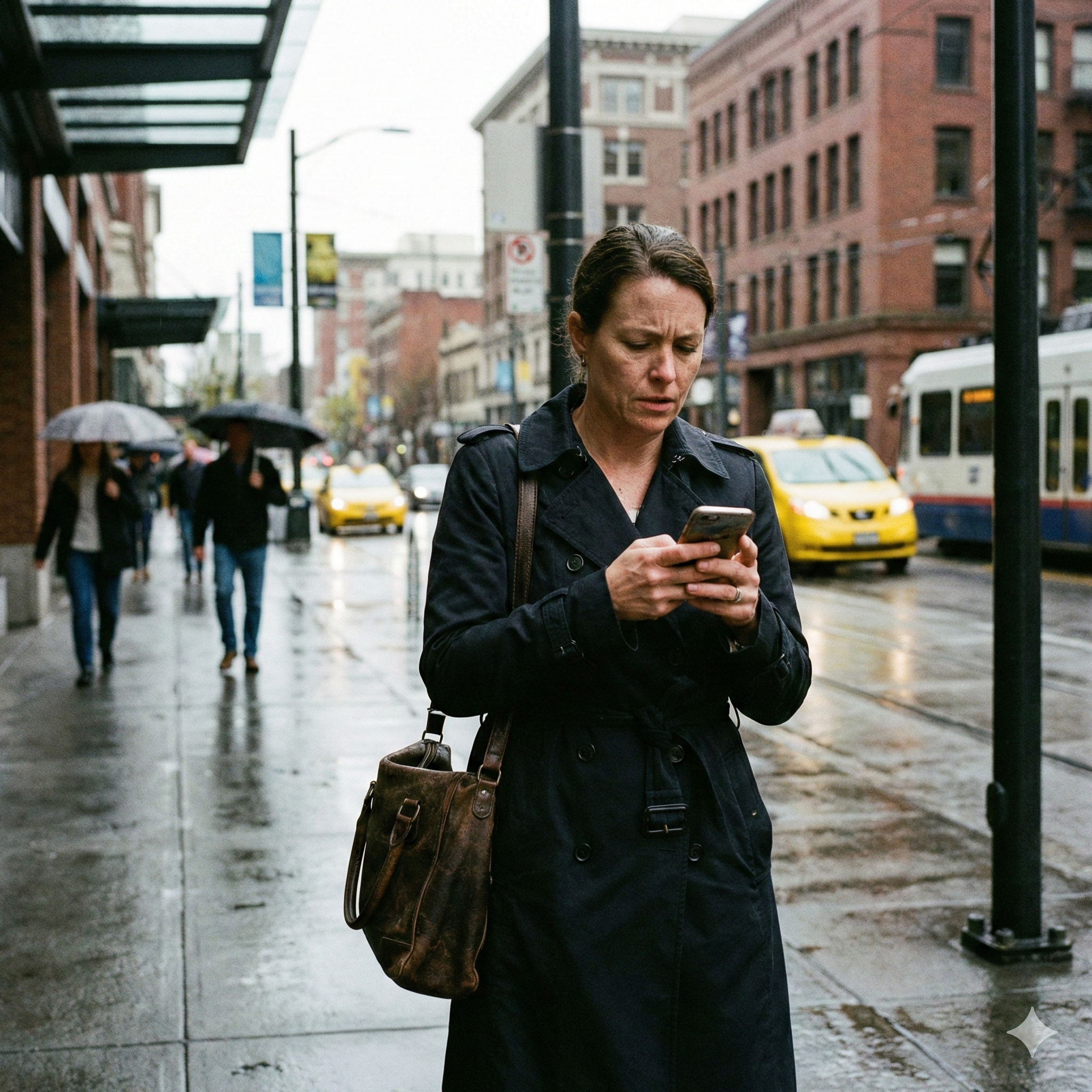woman walking down street using AI on phone to illustrate ethical brand visibility with consuemrs