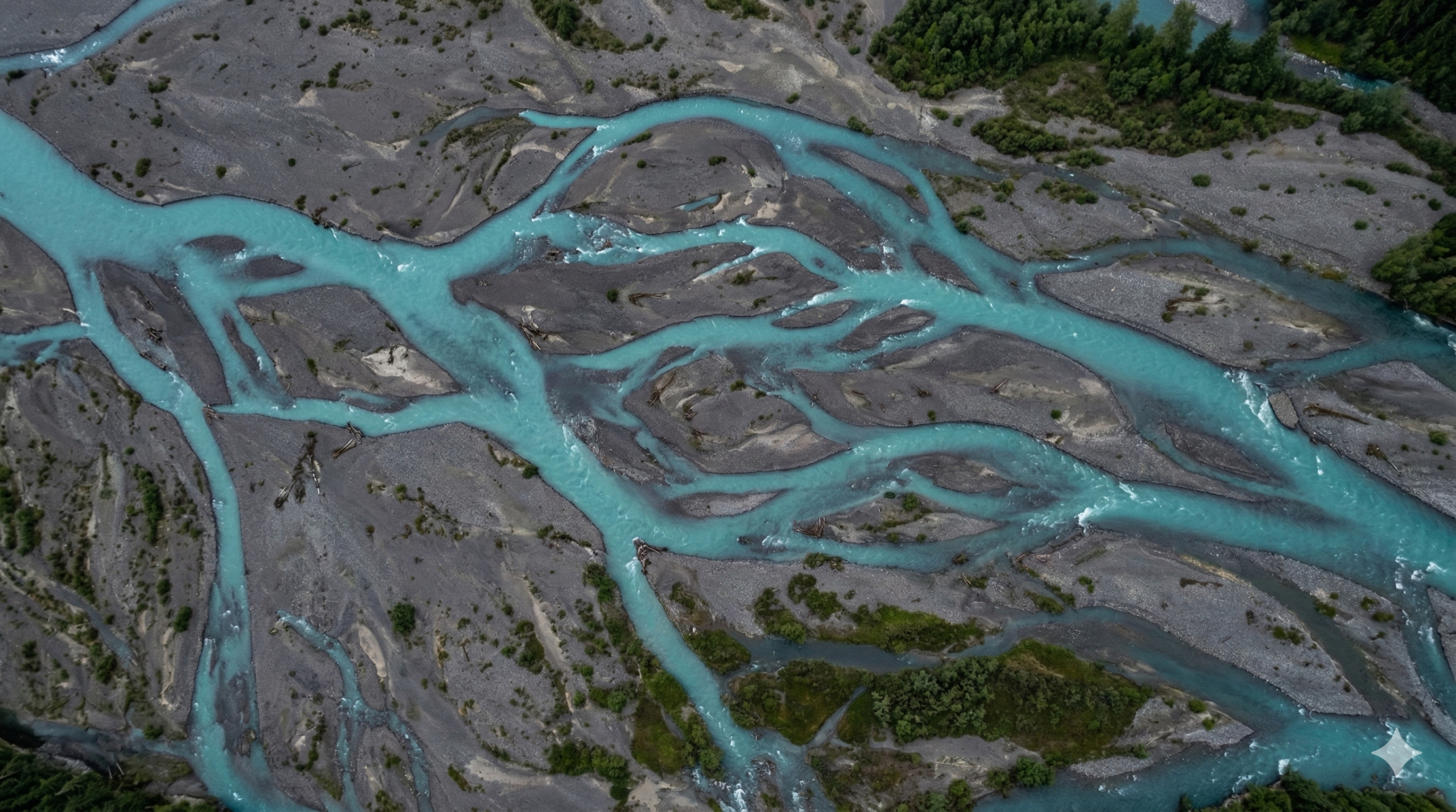 Aerial photograph looking straight down at a braided river system in the Pacific Northwest.